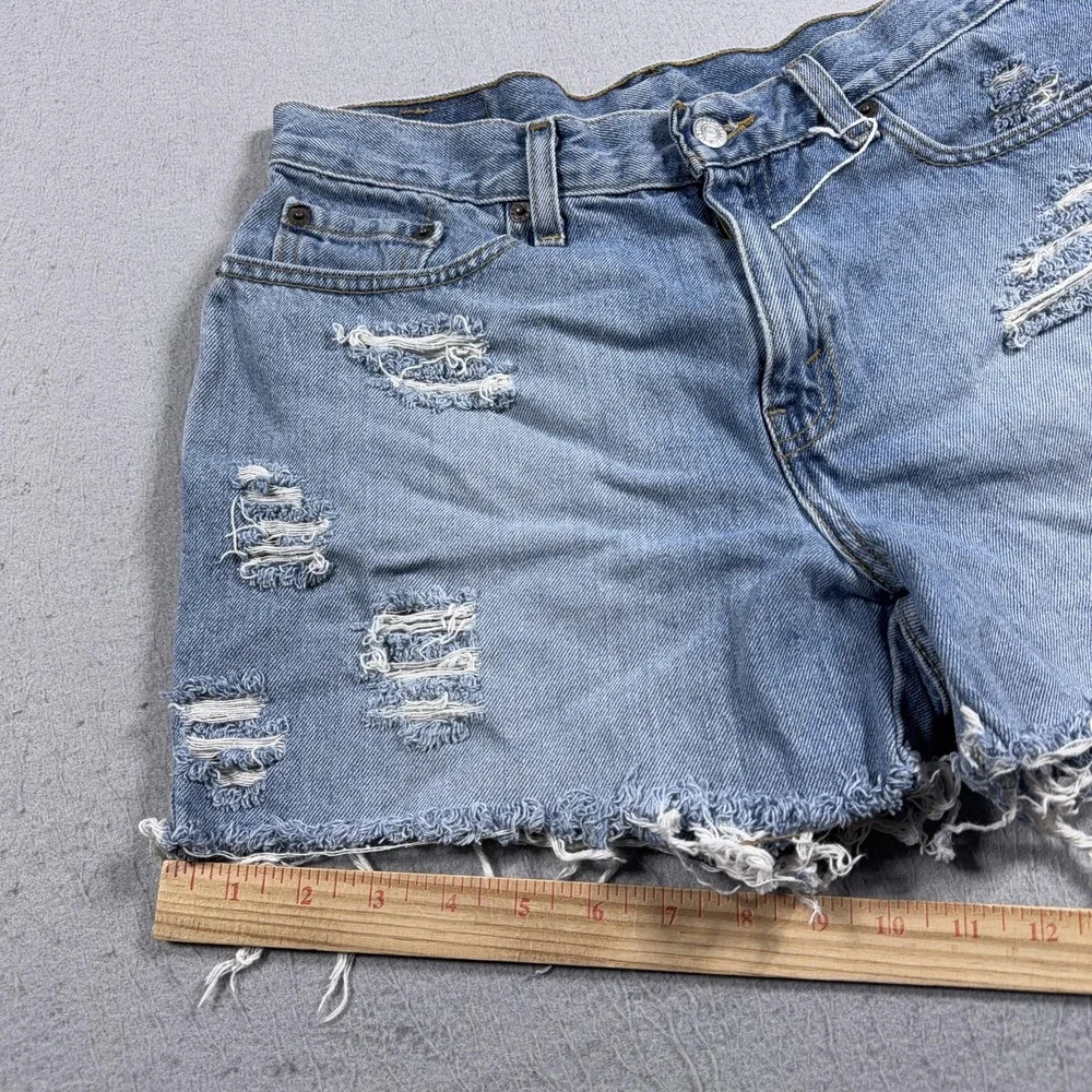 VTG Levis Denim Shorts Womens 10 Blue High Rise Distressed Cut Off Black Batwing
